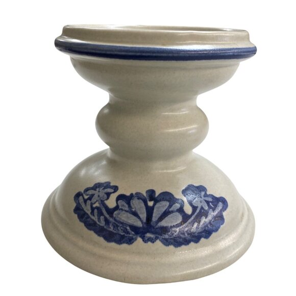 Vintage Stoneware Candle Holder With Handpainted Blue Floral Design - Picture 1 of 7